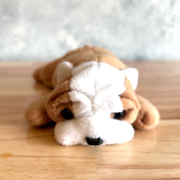 Wrinkles Bulldog 1996 Ty Beanie Babies Plush Stuffed Animal 8" Long Brown White - Picture 10 of 10